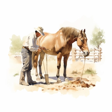 realistic watercolor drawing of a farmer brushing a horse on a charming California farm, on a white background where the background will be removed to repurpose as a clipart.