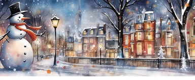 Watercolor drawing, christmas lights, large snowman, the city at night, the lights on, bright colors, ultradetailed hd, style by Lucy Fleming, watercolor, smooth gradients, black contour outline, ultra detailed, clipart elements, delicate pastel colors, s