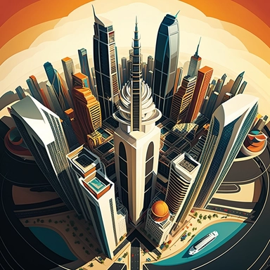big city from bird’s eye view, cartoon, skyscrapers, illustration, clipart, like dubai