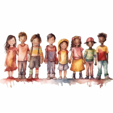 watercolor style, children standing together, from multiple cultures: european, african american, asian american, latino, indian, japanese, mexican, clipart, isolated on white background, 4K