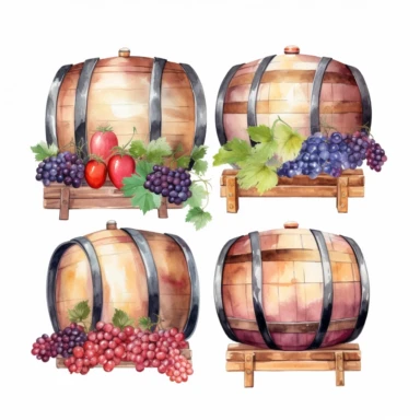 A set of 4 wine keg sublimation cliparts, white background, watercolor style, 8k, ultrarealistic, high quality