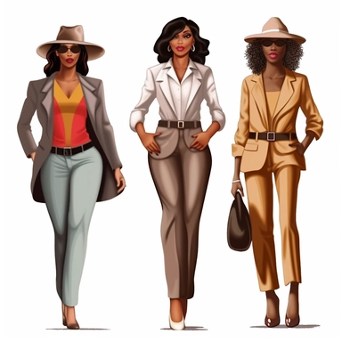 African american women wearing different color suits and fedora hat Boss lady clipart modern fashion style anatomically correct realistic isolated white background