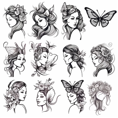 Clipart of summer fairy butterflies and flowers, in the style of watercolour, clean outline, individual, magical, enchanted,