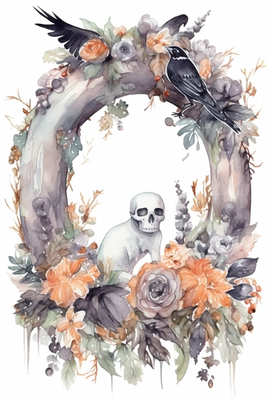 Halloween clipart, tombstone Delicate watercolor illustration, White background, Cozy, clear picture, 8k, hd, isolatee on a white background, Wreath, Frame Clip Art