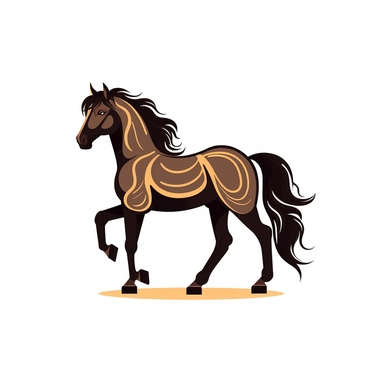 Clip Art, 2d, Flat Vector, DARK BROWN ARABIAN Breed Horse With BLACK Extremely long thick Mane LOGO on White Background, NO TEXT, NO WATERMARK,