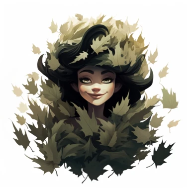A maleficent from Disney franchise sneaking out her head out of maple leaves stack, so many maple leaves in the center of the image,smiling, halloween, pixar style, clipart, white background , fall scene, swag cut