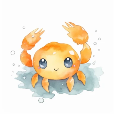 watercolor clipart with white background, cute orange crab under the ocean, nursery wall art, pastel colors, simple cartoon style, flat design, clearly defined separated image, high quality