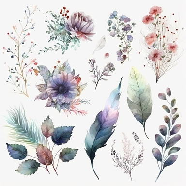 watercolor floral elements, in the style of delicate materials, floral explosions, clipart, white background, no background