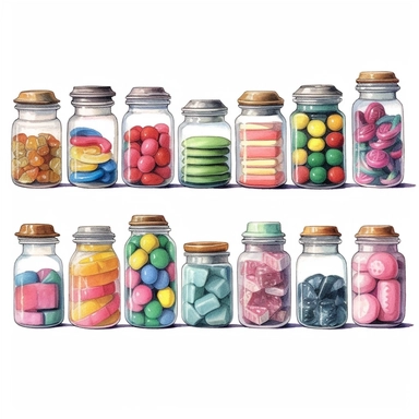 watercolor, hyper realistic, white background, white margins, 16k, ultra detailed clipart, cut out image, hand-drawn a row of glass candy jars filled with colorful Victorian-style candies, from striped peppermints to sugared almonds, capturing the nostalgic charm of a candy store.