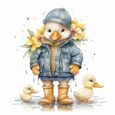 Watercolor FLORAL DUCKING IN RAIN WEARING WINTER CLOTHES AND BOOTS clipart, Cute baby animal clipart, WATERCOLOR ART, CUTE BABY DUCKING, ONE DUCK IN ONE IMAGE, HIGH QUALITY