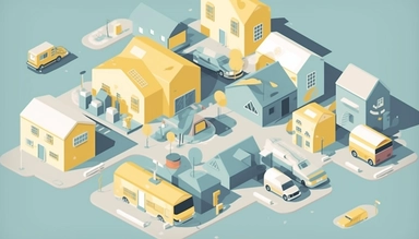 map with some houses and oversized garages and storage units, some cars flat illustration stylized clipart, for landing page, light blue, yellow, Kawaii Pastel, white background, high resolution,