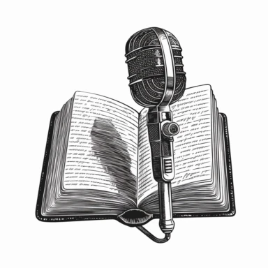 simple microphone coming out of bible, clip art style, vector black and white, frontal view
