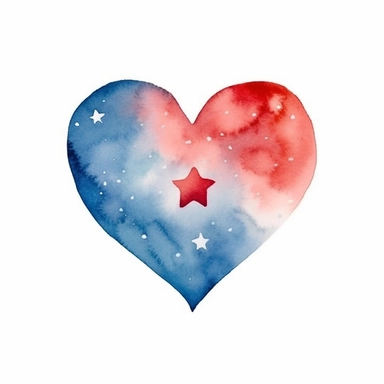 watercolor clipart illustration of a heart with stars, red white and blue, hand painted details, clean and simple designs, solid background color, spaced out