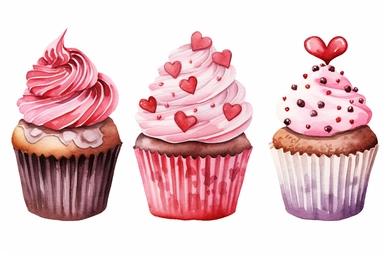red and pink decorated valentines day cupcake, hearts, watercolor clipart