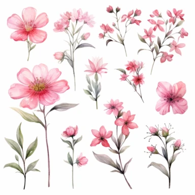 Captivating watercolor clipart set featuring different pink flower species, portrayed from various angles, arranged in a composition that appears as if the flowers are bursting forth, reaching for the sky, symbolizing resilience, determination, and the indomitable spirit of life's journey, clipart on a white backdrop.