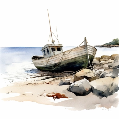 a boat by seashore, watercolor painting by ANDREW WYETH, clipart, white background