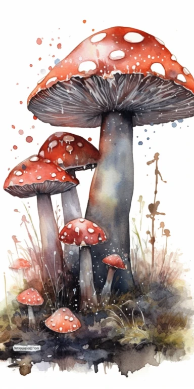 watercolour clipart and academia of a lichen-covered magic mushrooms, red with white spots, colorfull lighting, surreal photography