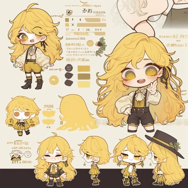 character sheet, knoling, clipart, inventory catalog, cute chibi character, golden wavy long hair, long bangs, yellow-green eyes, flat chest, beautiful young boy, gothic, frill, lace shirt, high West brown shorts, yellow bird, mimosa, yellow jewelry, ribbon
