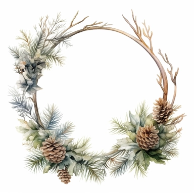 stunning christmas frame made of snowy fir branches , beautiful Christmas clipart, soft faded colors, beautiful watercolor art by Marjolein Bastin, Thomas Kinkade, Carl Larsson, Norman Rockwell, Susan Wheeler, isolated on white background
