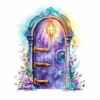 cartoon fairy door, glowing lights and sparkles, colors of green purple gold and blue, glamorous realistic and detailed, watercolor, white background with margins, clipart style