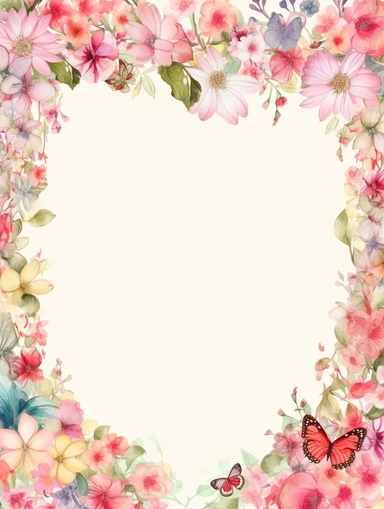 frame for poster, narrow vignette along the sides and the corners of the picture, little cute wild bright clipart flowers like hearts vignette, soff pastel blank center of the picture,