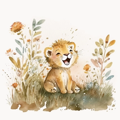 The watercolor clipart illustration shows a baby lion playing in a natural setting. The background is a white space to keep the focus on the cute baby lion. The colors are warm and inviting, with shades of yellow, brown, and white. The baby lion is depicted in a playful and happy way, with its mouth open in a smile and its paws stretched out. This would be a perfect watercolor clipart for kids to enjoy and learn about lions.
