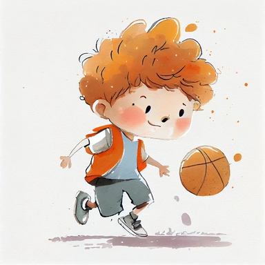 cute adorable boy playing basketball, clear white background, handrawn watercolor graphic clipart, cute Children's Drawing, isolated