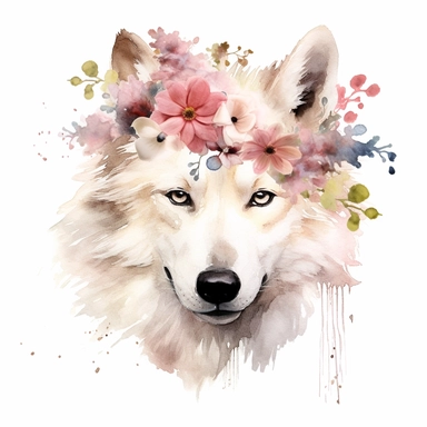one arctic wolf animal wearing Flower on his head Watercolor clipart On a white background, in the style of dreamy watercolor florals, dark white and dark pink, cicely mary barker, scrapbook, digitally enhanced , no watermark, text, words, paintbrush, typography, the images do not stick together