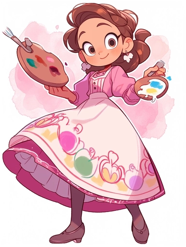girl drawn as a cute cartoon disney little baby, in the art style of Disney babies clipart, sticker of [ cute baby girl wearing an apron and standing in the kitchen] disney pixar inspired painting , character design art by don bluth painting in the style of disney bold outlines and flat colors