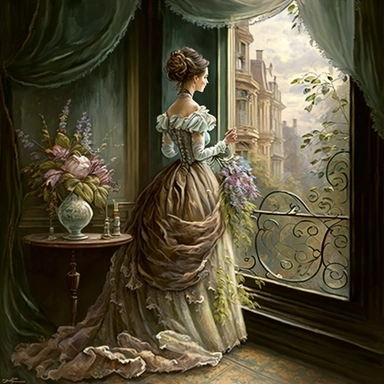 beautiful lady, very detailed, wearing beautiful dress, standing by large victorian window, looking out the window, beautiful romantic bouquet of flowers, beautiful crystal ornate vase, sitting on table with decorative tablecloth, infront of large victorian window with beautiful flowing curtaings, soft colors, crisp colors, ribbon, very detailed, fantasy, romantic, clipart style