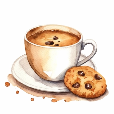 a cup of coffee and a cookie clipart, watercolor, cutout on white background,