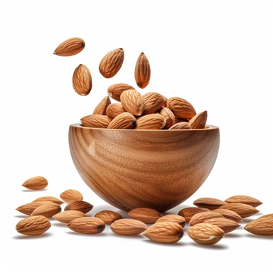 Falling almond isolated on white background with clipping path. Nuts collection in wooden bowl--q 2