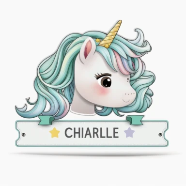 personalised name plate ribbon for text, a large unicorn chibi face, birthday invite, pastel clipart, Watercolour, pure white background