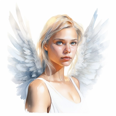 hyperrealism painting of an angel with wings and halo postcard, white background watercolor style, illustrated hand-drawn clipart