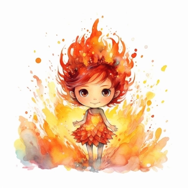 watercolor cute fire fairy, sparkling streams, flame around, detailed, hd, clipart