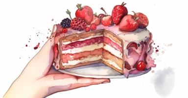 watercolor clipart white background a person is holding one slice cake, in the style of multi-layered compositions, red and beige, raw versus finished, i can't believe how beautiful this is, smilecore, ferrania p30, bunnycore