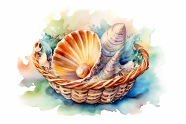 Watercolor, Create an image featuring a basket shell, showcasing its intricate net-like pattern, clipart, hd, on a white background, spaced out