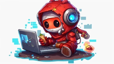happy robot kid writing computer coding, micro bit, laptop, happy robot kid writing computer coding, clipart, 3D, fantasy, toy, unreal, red, transparent background,16k