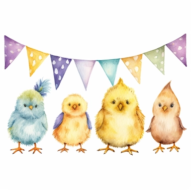 whimsical watercolour clip art against a white background easter chick and egg themed bunting