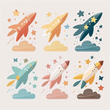 Six cute aircraft icons vector clipart in the style of lively brushstrokes, star art group (Xing Xing), label and marker style, minimalism, muted colors, white bakcground