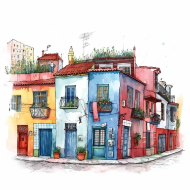 Very cute and Whimsical street of Buenos Aires, cute houses, folkloristic La Boca neighborhood, beautiful, Watercolored illustration, clipart, white background