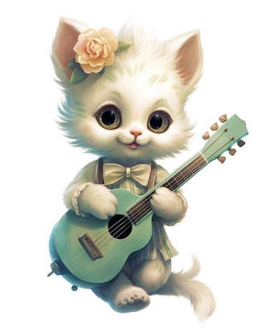 1950's, clipart, anthromorphic pretty baby kitty, vintage, happy, holding a ukulele, cute, adorable, shabby