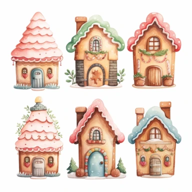 very simple watercolour childrens book style drawing of different cute gingerbread houses, pastel colours soft on white background for clipart, 8k