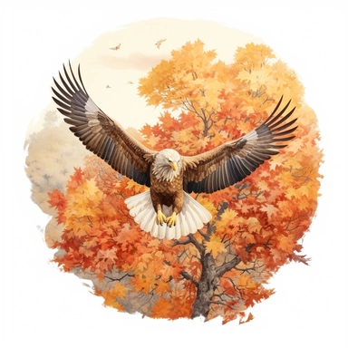 watercolor, hyper realistic, white background, white margins, 16k, ultra detailed clipart, cut out image, hand-drawn a majestic bald eagle soaring above an autumn landscape, with its wings spread wide against a backdrop of colorful foliage in the style of marianne stokes, light brown, mark ryden, realist detail, jerry pinkney, fujifilm gw690iii