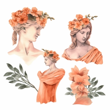 seperated minimalist water color Terracotta Floral Clipart, floral greek statue, 8k