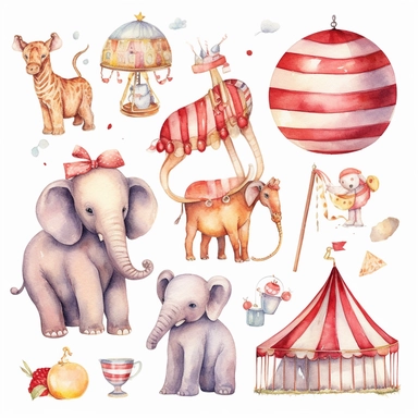 set of clipart, watercolor, baby circus, cute, aesthetic, white background