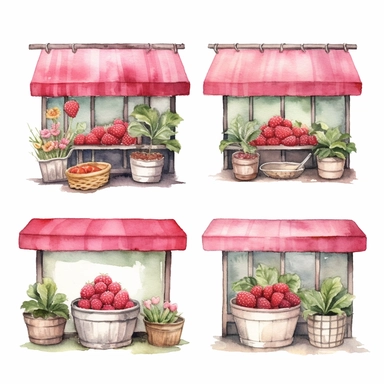 watercolor A clip art 4 set of images featuring a rustic raspberry shoppe isolated white background, minimalist, 8K