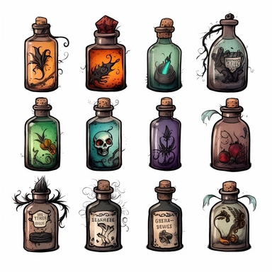 Witches inventory, witchcraft, labels, flasks, elixir, illustrated clipart, minimalist, isolated white background, 8k