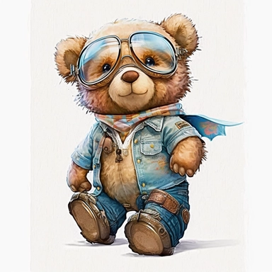cute teddy bear, clipart, drive airplane, small full body, wearing blue jeans shirt, eye goggles,watercolor, in style of Gaston Bussière, white background