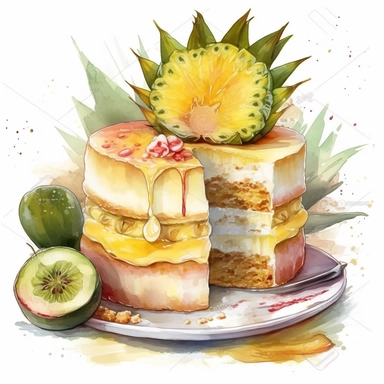 Watercolor clipart of Durian Mousse Cake: Layer Durian mousse between sponge cake layers and top with fresh whipped cream and Durian pieces for a light and airy dessert that's perfect for hot summer day, intricate details, vector, hyperrealistic, white background, no splashes, no text, no watermark